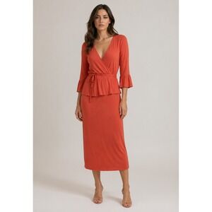 ASOS Maxi Wrap Dress Womens 6 Coral Pink‎ Viscose Ruffle Waist V-Neck